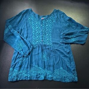Johnny Was Tunic Blouse Cupra Blue green Embroidery Shirt Top Boho small western